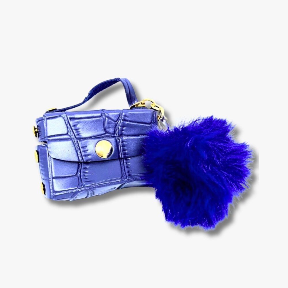 💙 Royal Blue Croc-Textured Mini Pouch with Fluffy Pom Charm