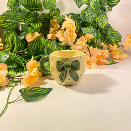 Handmade Ceramic Mug with Green Bow – Nature-Inspired Polka Dot Design