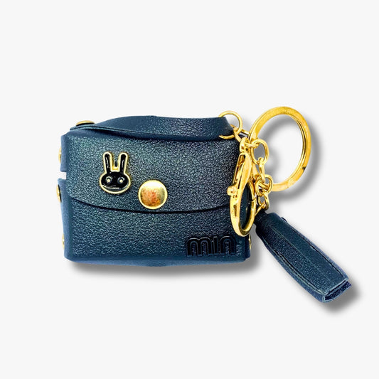Mini Leather Case Keychain – Navy Blue with Bunny Charm