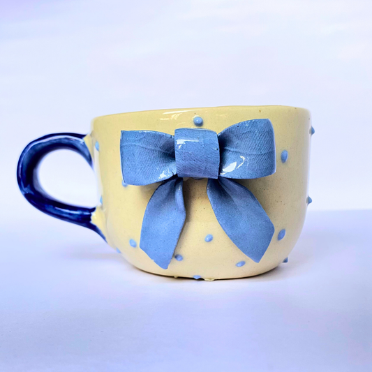 Handmade Ceramic Mug with Blue Bow – Cute Aesthetic Drinkware