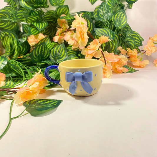 Handmade Ceramic Mug with Blue Bow – Cute Aesthetic Drinkware
