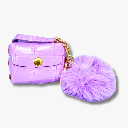 Mini Purple Leather Case Keychain with Fluffy Pom-Pom