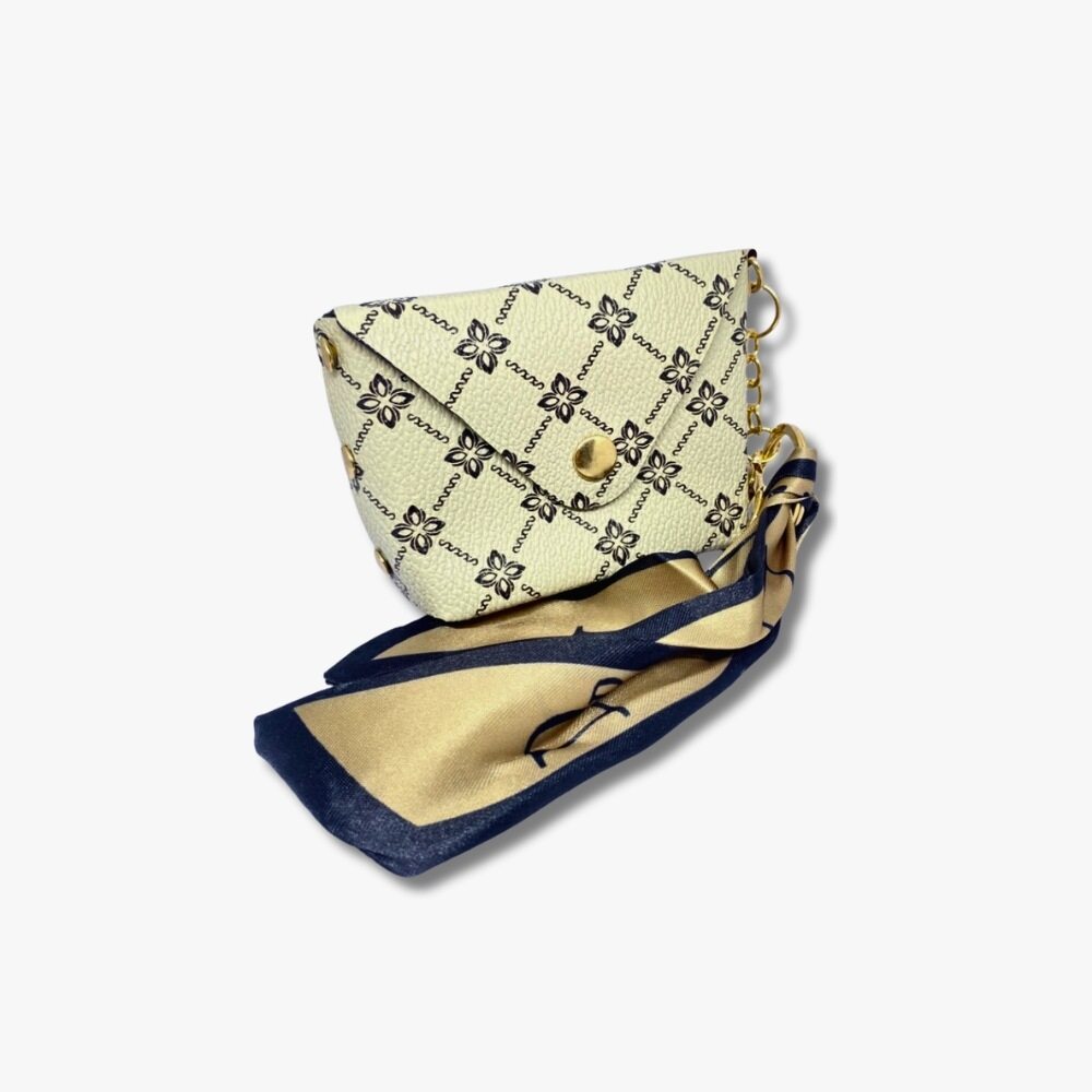 π€ Beige & Navy Pattern Mini Coin Pouch with Gold Satin Scarf