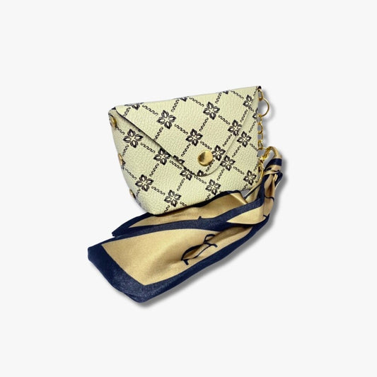 🤍 Beige & Navy Pattern Mini Coin Pouch with Gold Satin Scarf