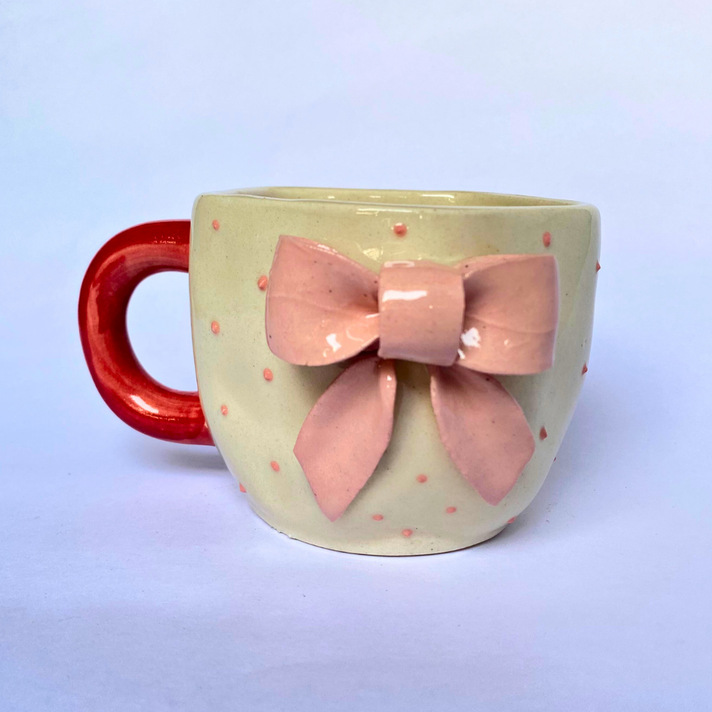 Handmade Ceramic Mug with Pink Bow – Elegant Pastel Drinkware