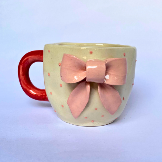 Handmade Ceramic Mug with Pink Bow – Elegant Pastel Drinkware