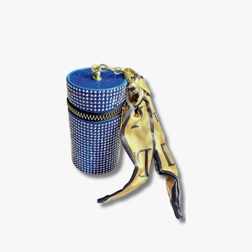 💎 Royal Blue Rhinestone Coin Pouch with Gold Satin Scarf