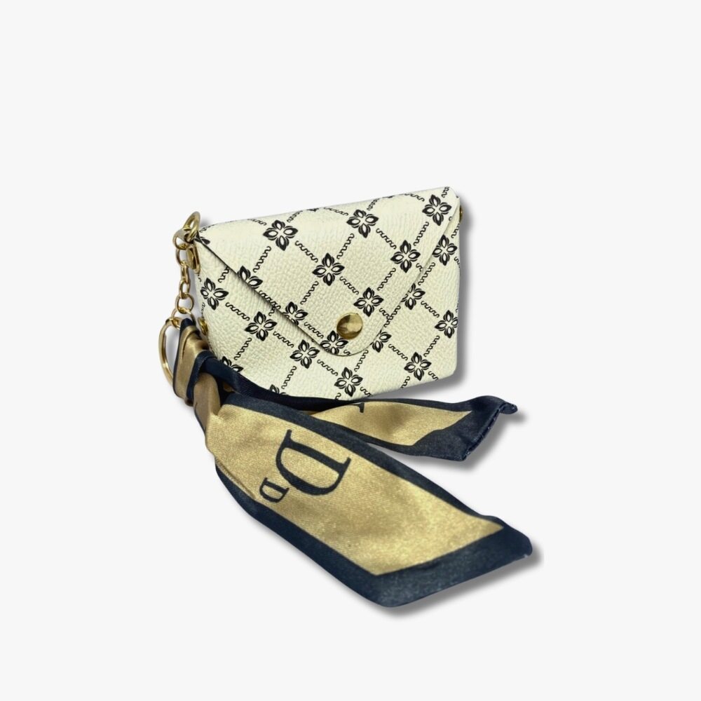 ✨ Cream Pattern Mini Coin Pouch with Gold Scarf Accent
