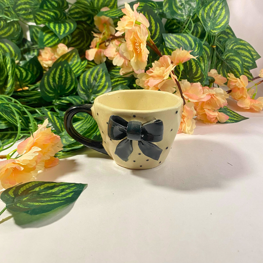 Handmade Ceramic Mug with Black Bow – Chic Polka Dot Drinkware