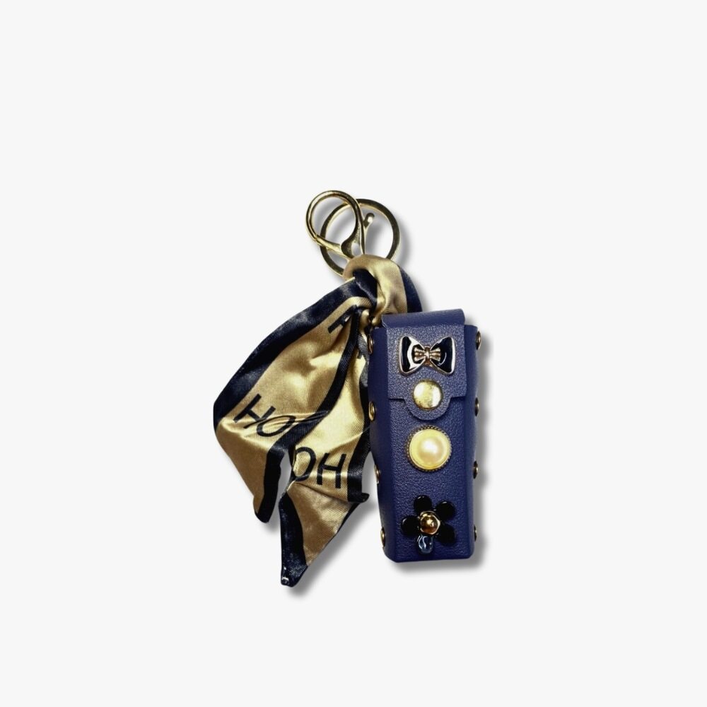 π Navy Blue Floral Keychain Pouch with Gold Satin Scarf