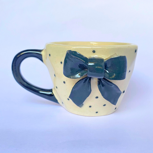 Handmade Ceramic Mug with Black Bow – Chic Polka Dot Drinkware