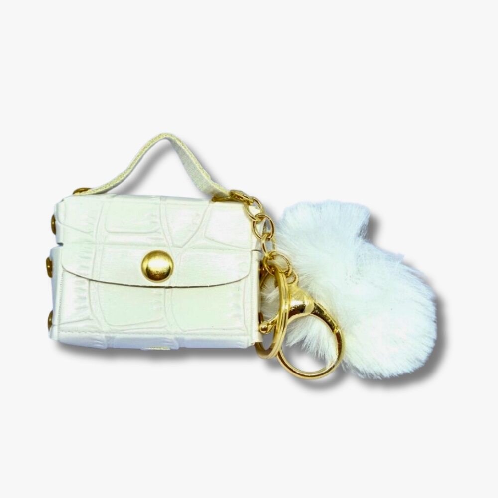 🤍 White Croc-Textured Mini Coin Pouch with Fluffy Pom Charm