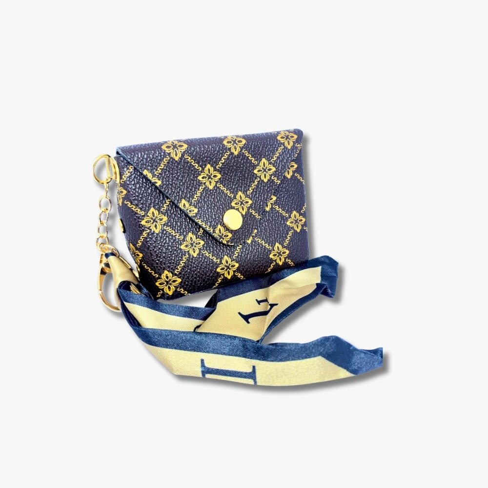 💛 Navy & Gold Pattern Mini Coin Pouch with Designer Scarf Accent