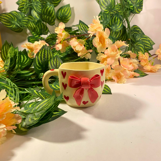 Handmade Ceramic Mug with Red Bow & Hearts – Romantic Gift Mug