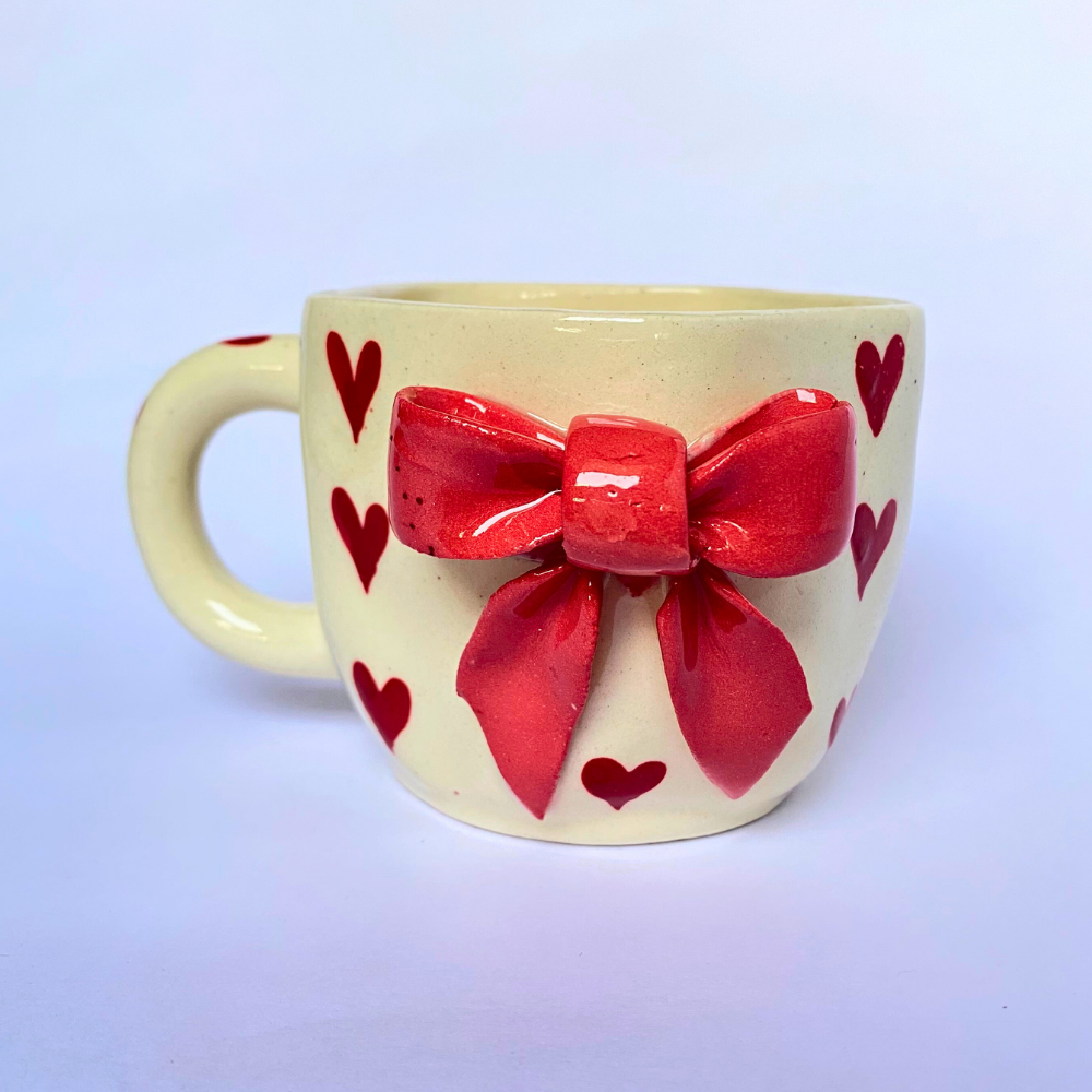 Handmade Ceramic Mug with Red Bow & Hearts – Romantic Gift Mug