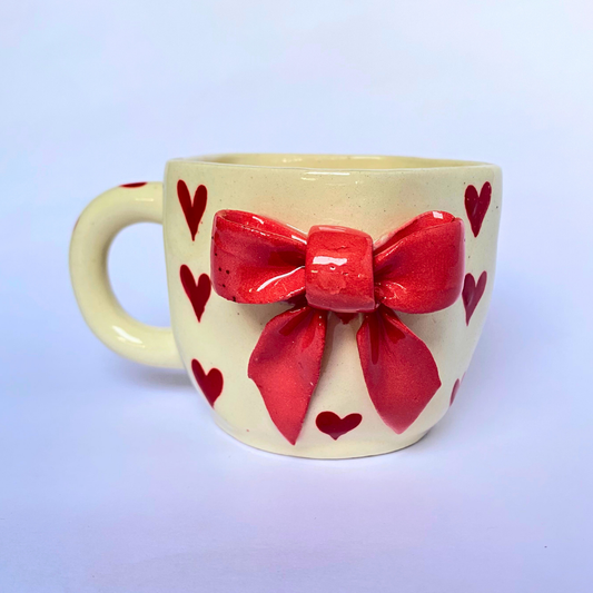 Handmade Ceramic Mug with Red Bow & Hearts – Romantic Gift Mug