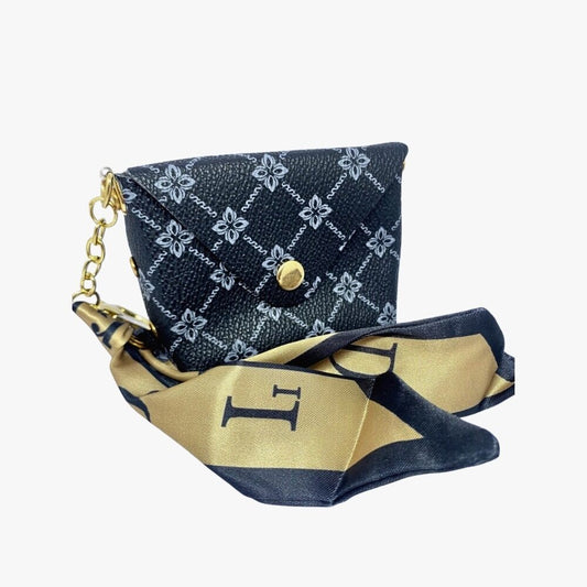 🖤 Black & Silver Pattern Mini Coin Pouch with Gold Satin Scarf