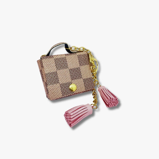 ✨ Mini Checkered Coin Pouch with Pink Tassels