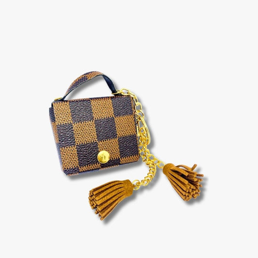 🤎 Brown Checkered Mini Coin Pouch with Caramel Tassels