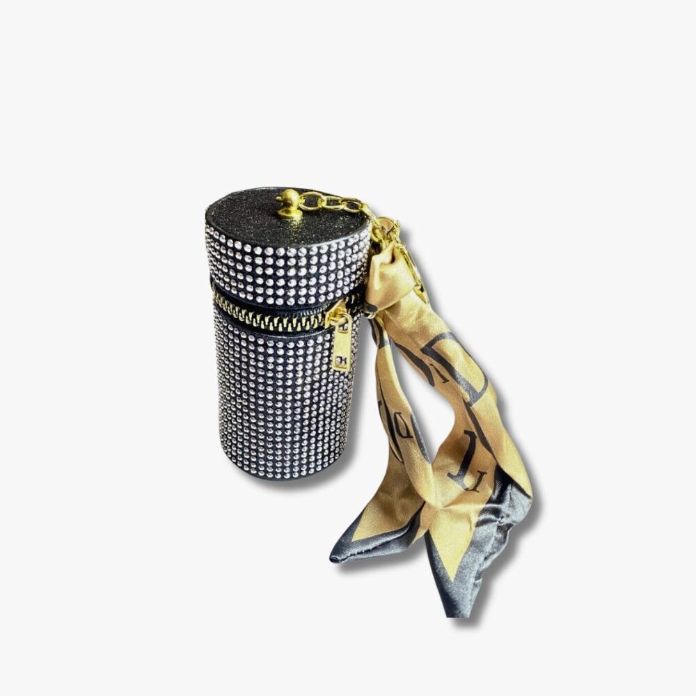 π€ Black Rhinestone Coin Pouch with Gold Satin Scarf