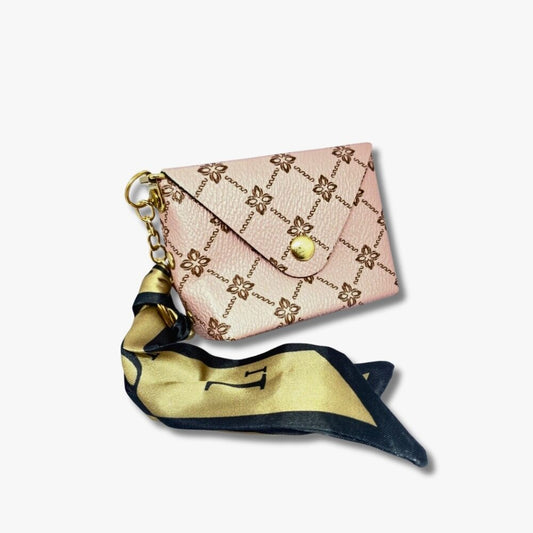 🌸 Blush Pink Pattern Mini Coin Pouch with Gold Satin Scarf