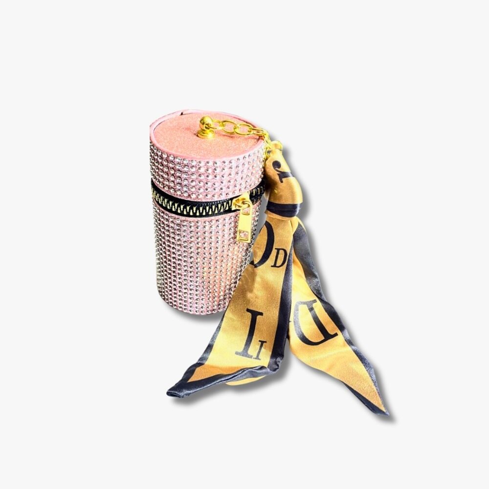 🌸 Blush Pink Rhinestone Coin Pouch with Gold Satin Scarf