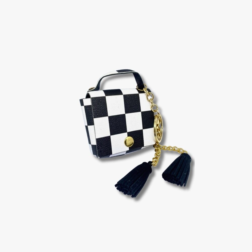 🖤 Checkerboard Mini Coin Pouch with Black Tassels