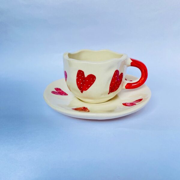 Handcrafted Heart Design Ceramic Cup and Saucer - Image 2